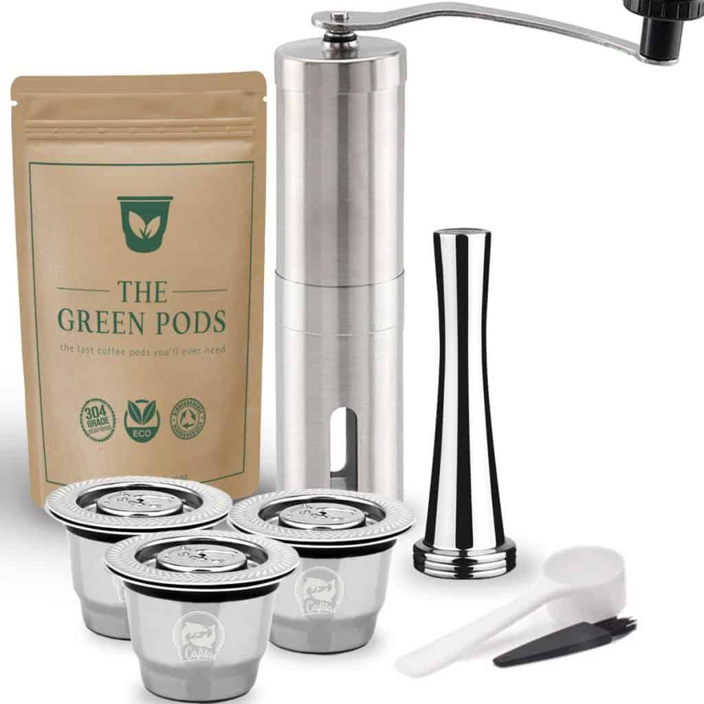 three reusable nespresso coffee pod with stianless steel coffee tamper and grinder