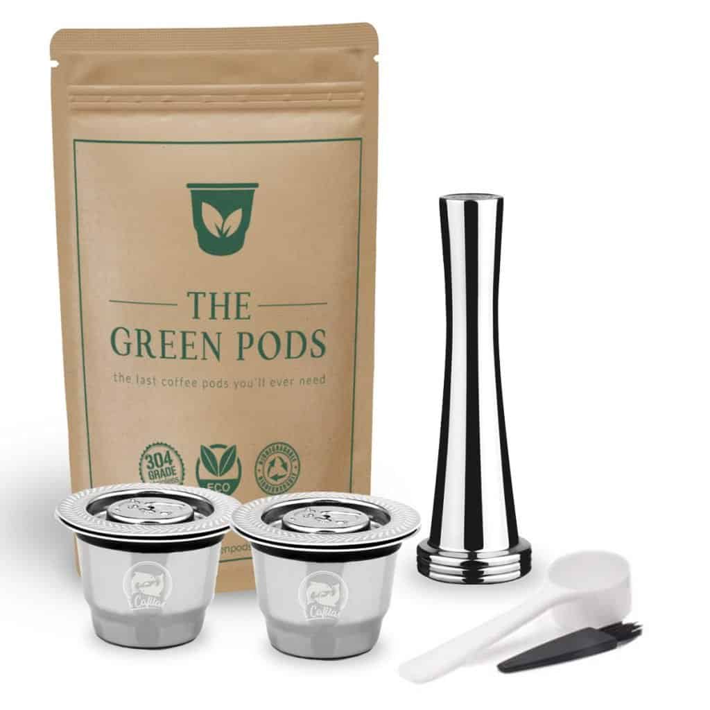 two reusable nespresso coffee pod with stianless steel coffee tamper