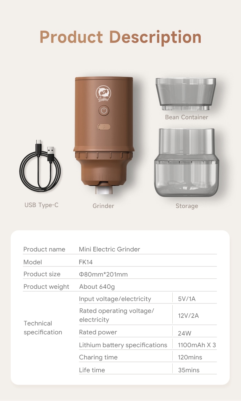 Electric Coffee Grinder Professional SUS 420 Stainless Steel Grinding Core TYPE-C USB Charge Coffee Beans/Grains Mill Grinder